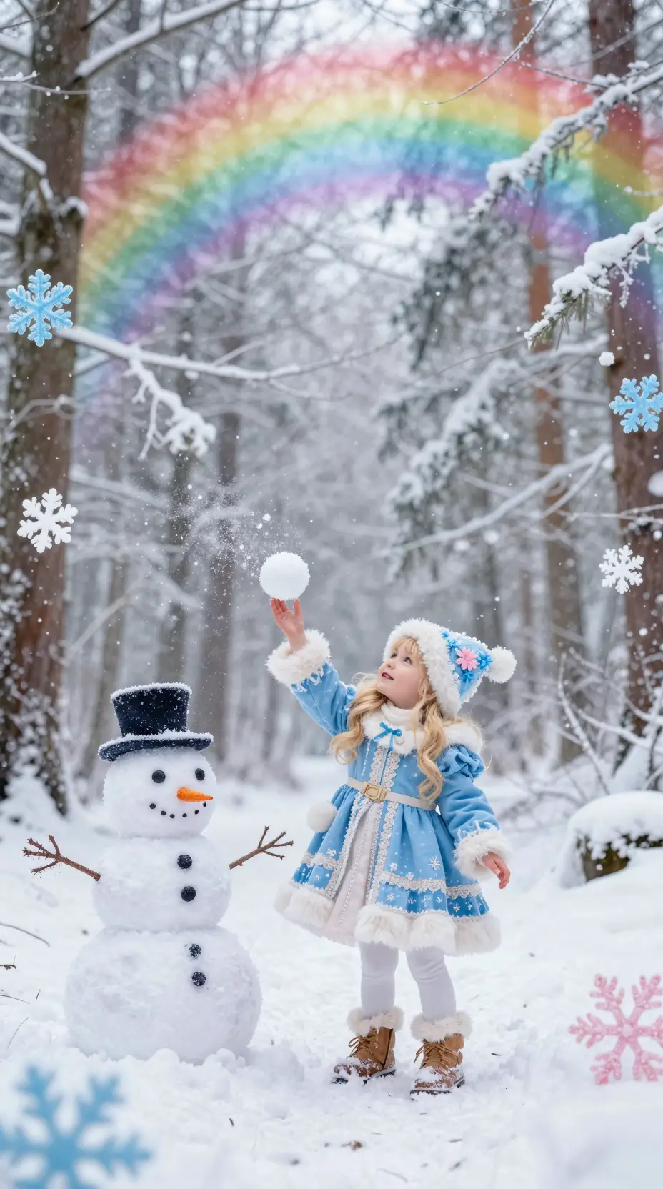 彩虹霜雪冬季森林中的俏皮金髮女孩