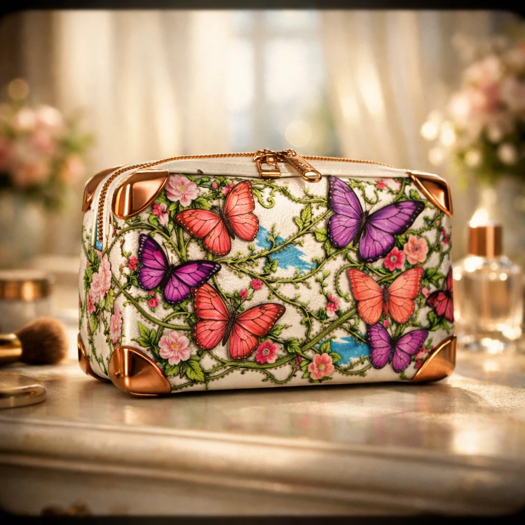 Necessaire de maquiagem com borboletas em penteadeira elegante banhada pelo sol