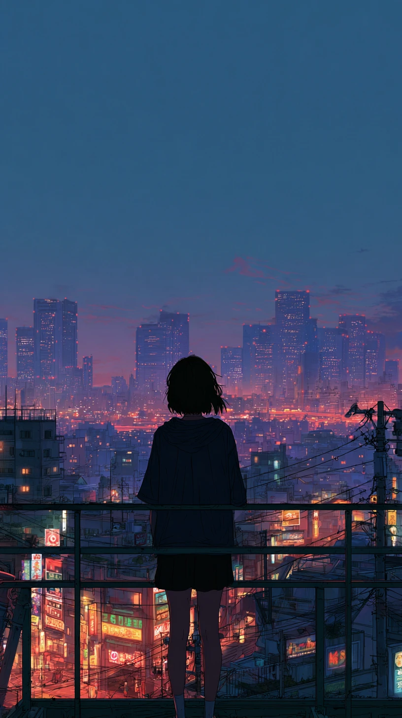 Chica de anime en una azotea de Tokio al atardecer con el skyline de la ciudad