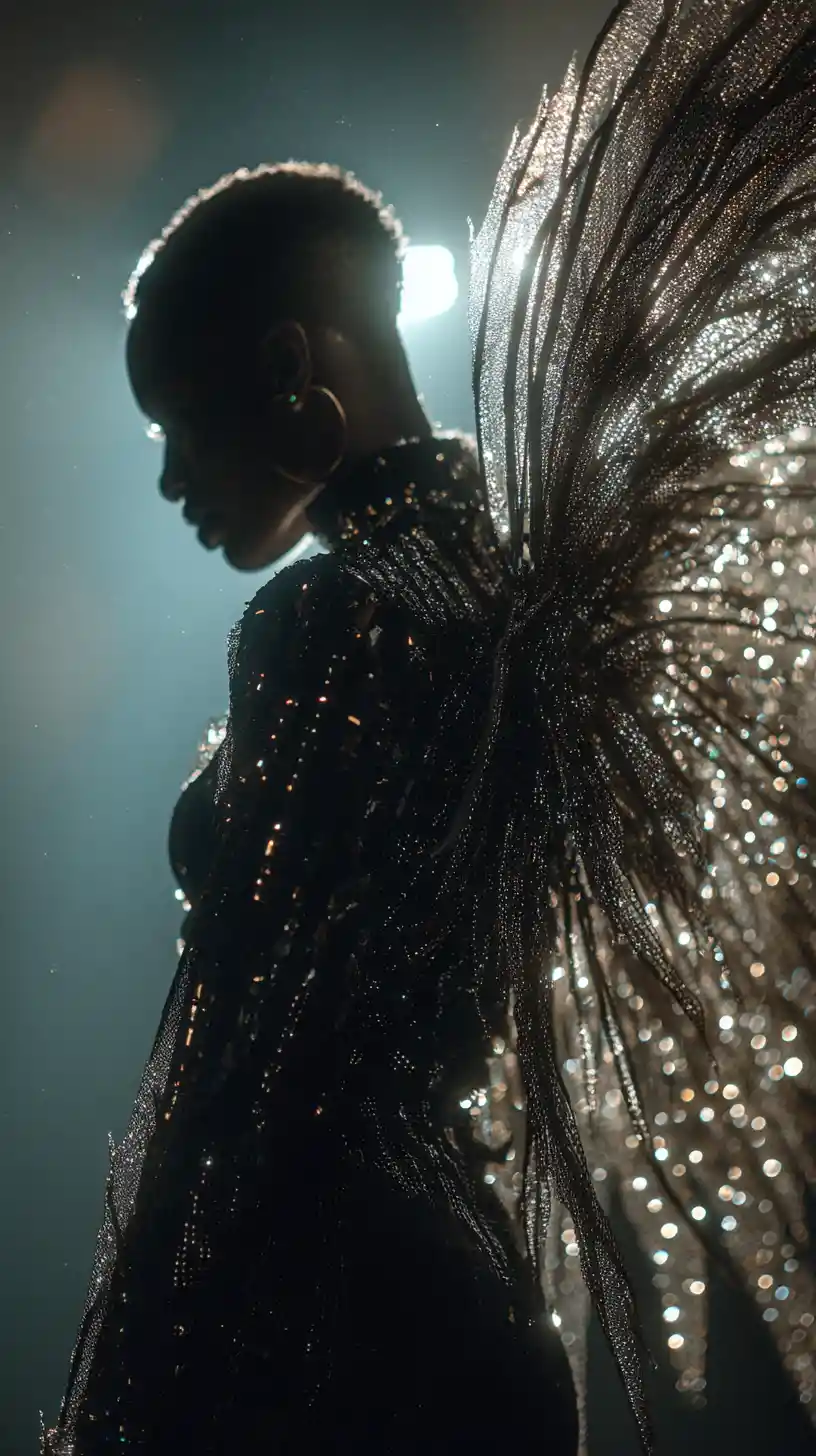 Anjo sombrio afrofuturista com asas sob a luz estelar cósmica