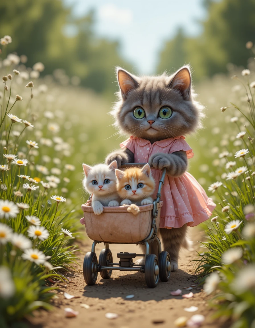 Gata cinza de vestido rosa empurrando carrinho cheio de filhotes