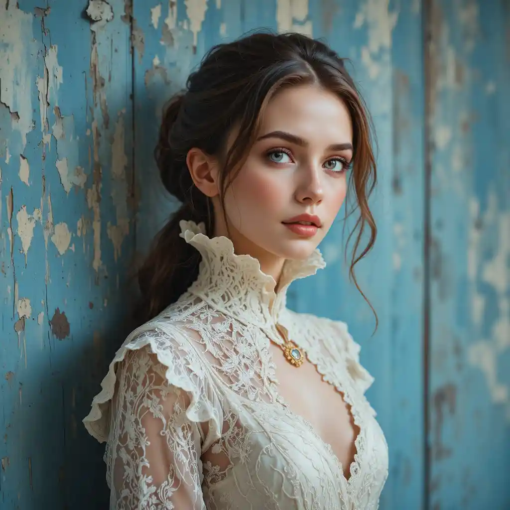 Young woman in white victorian lace dress against blue wall