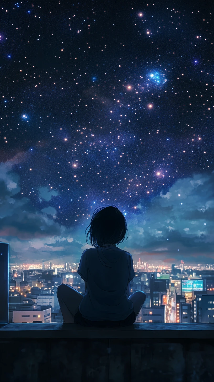 Lonely anime girl on a city rooftop under stars