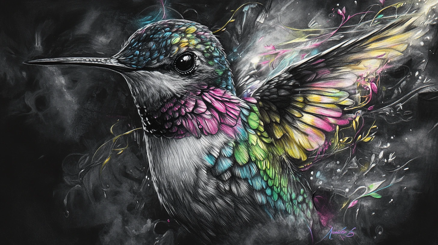 Colibrì surreale a carboncino con piume iridescenti e luminose