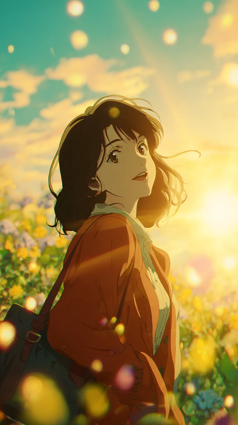 年輕女子站在明亮春日陽光下的戶外