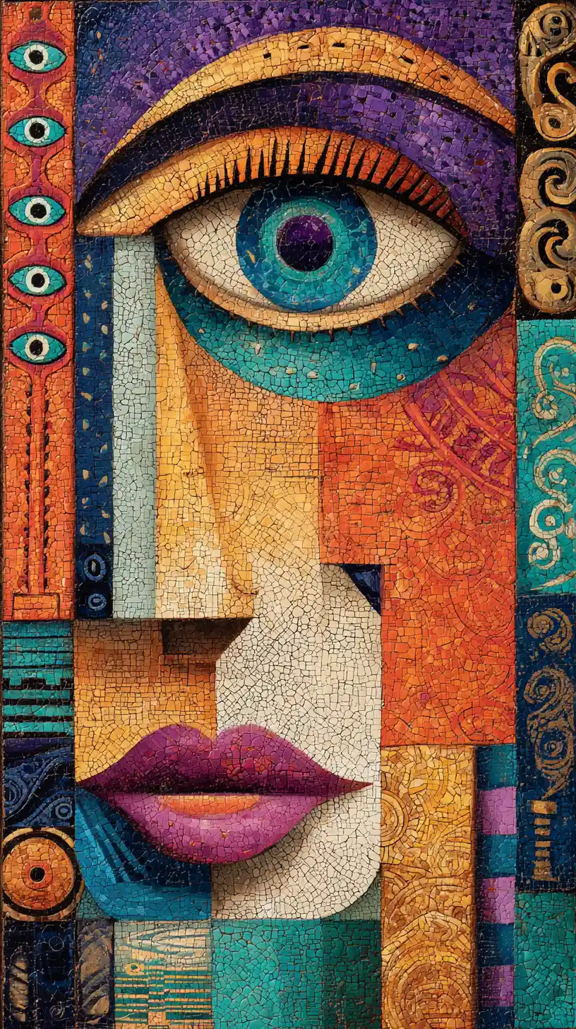Retrato abstrato cubista com olho turquesa e padrões em mosaico