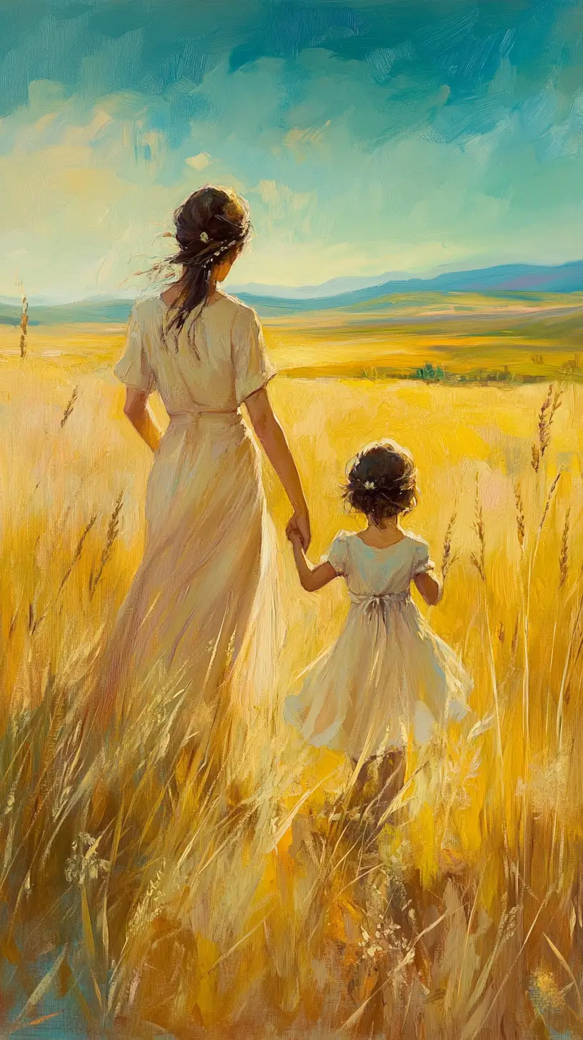 Mother And Child Walking Through A Sunlit Yellow Field