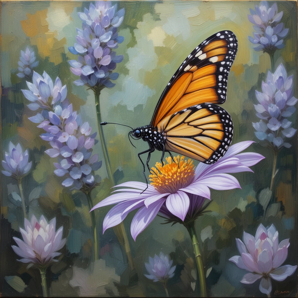 Monarch butterfly resting on a soft lavender flower painting