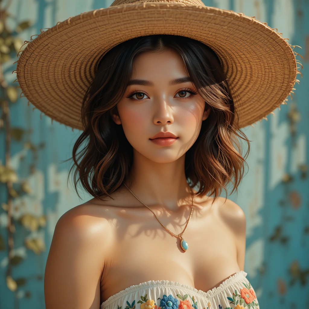 Young woman in straw hat against teal textured wall
