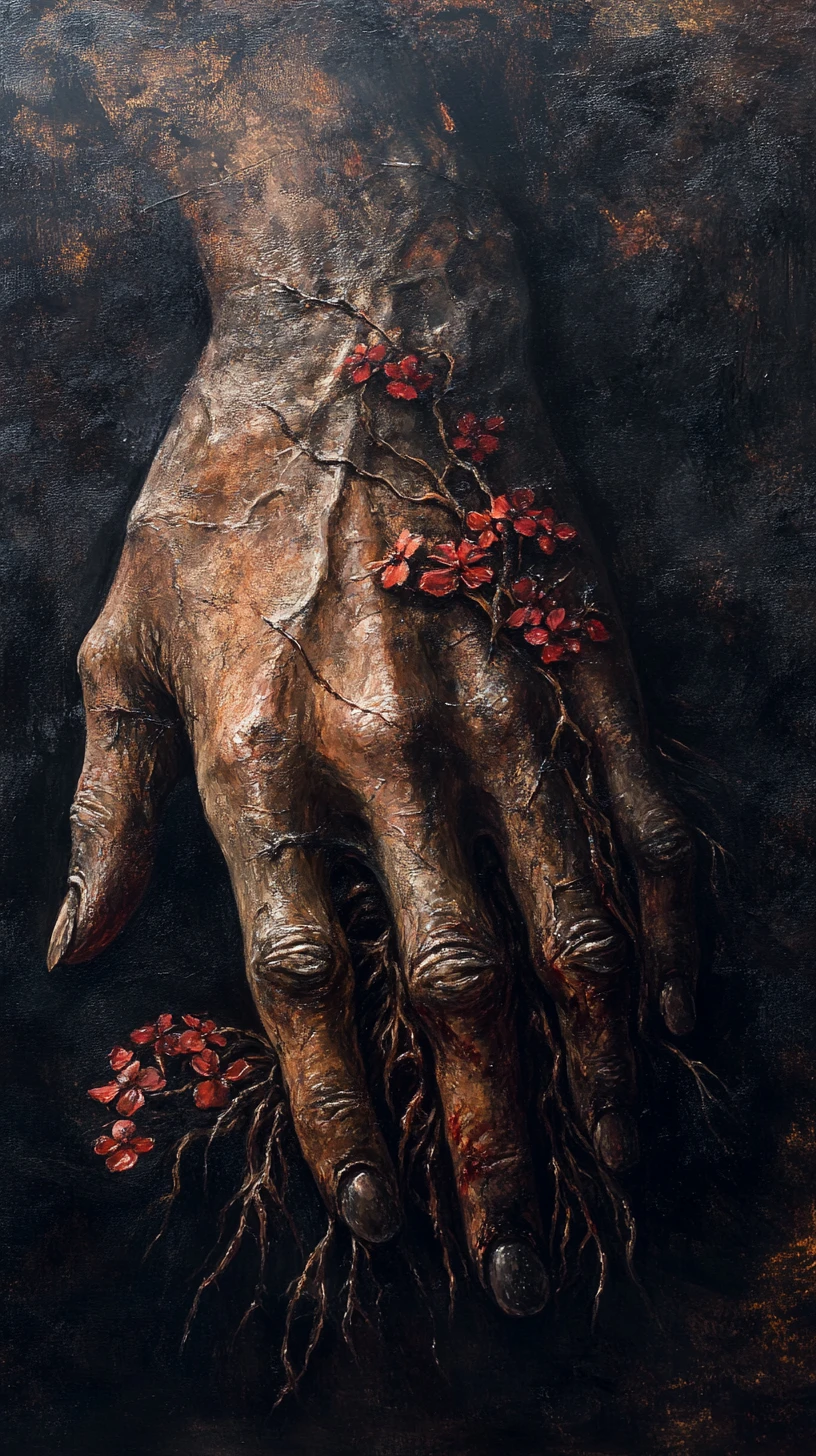 Versteinerte menschliche Hand, die sich in Wurzeln mit roten Blumen verwandelt