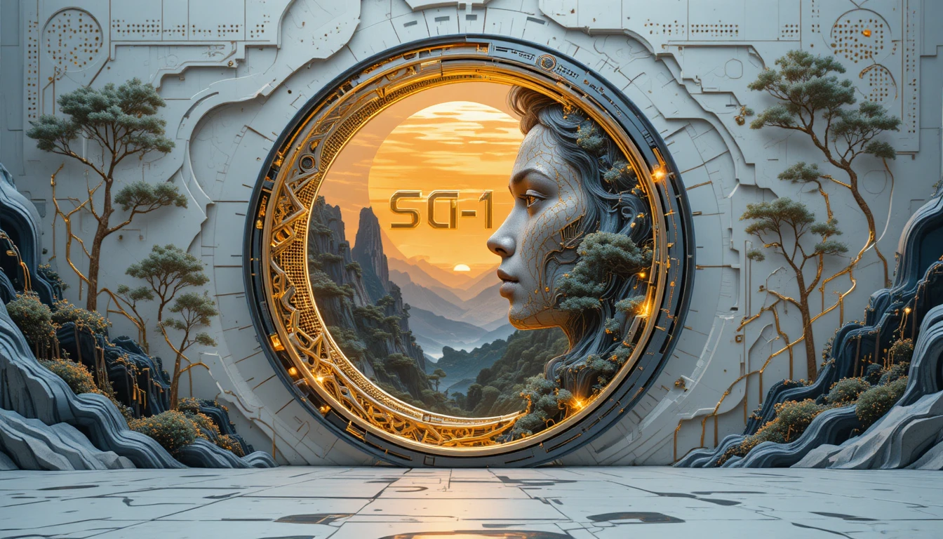 Rosto art nouveau surreal emoldurando um sol de montanha radiante
