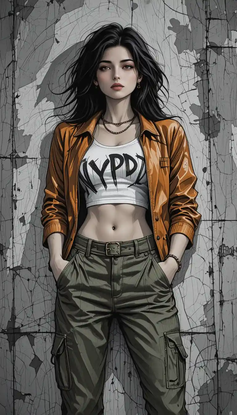 Confident young woman in urban streetwear against concrete wall