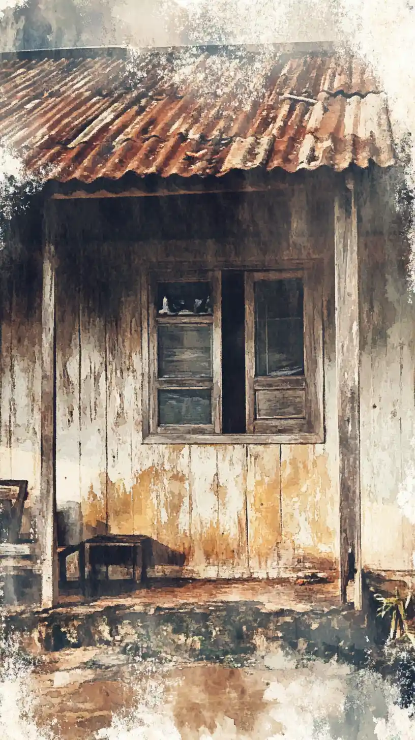 Morgendliches Aquarell eines ruhigen traditionellen malaiischen Holzhaus‑Interieurs