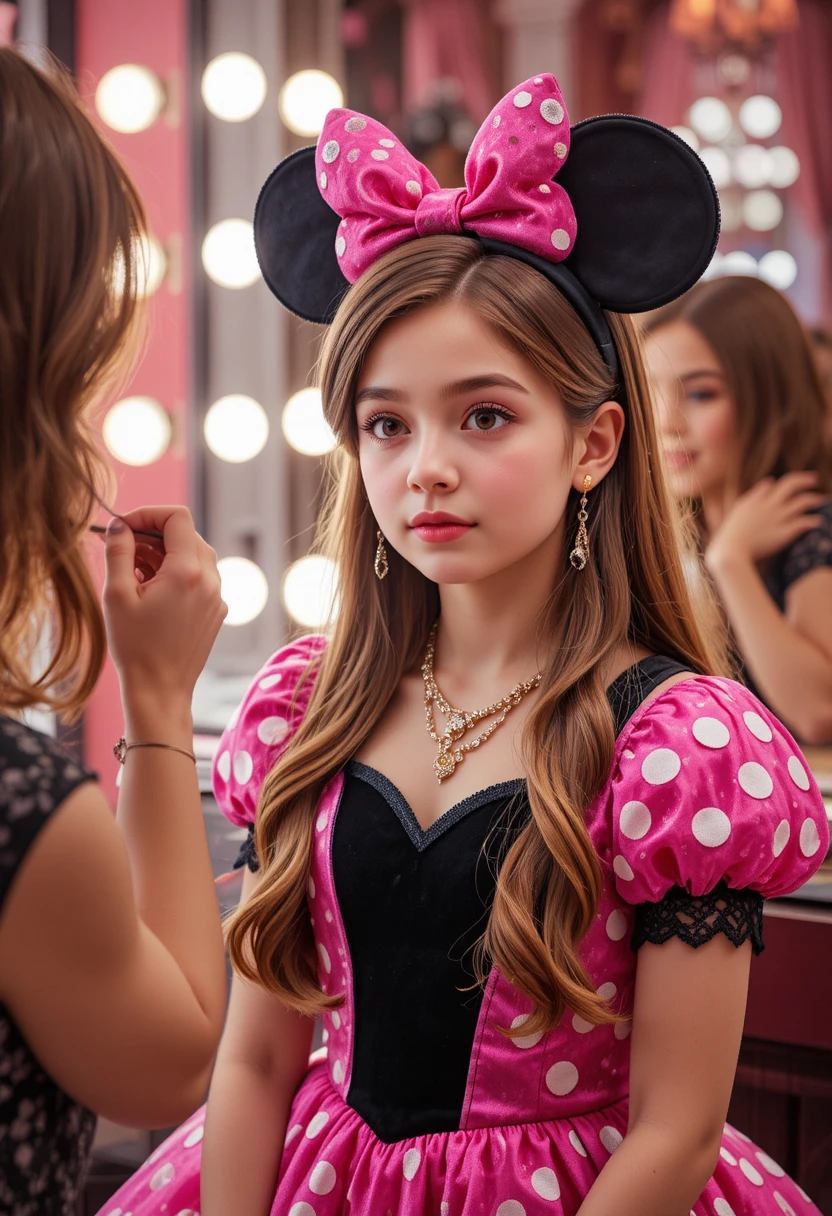 Young boy in pink Minnie dress getting makeup in boutique