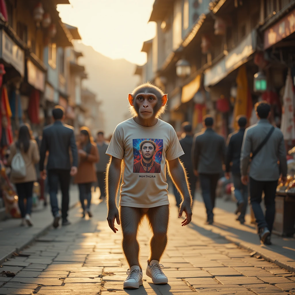 Macaco estiloso caminhando pelo agitado bazar de Catmandu
