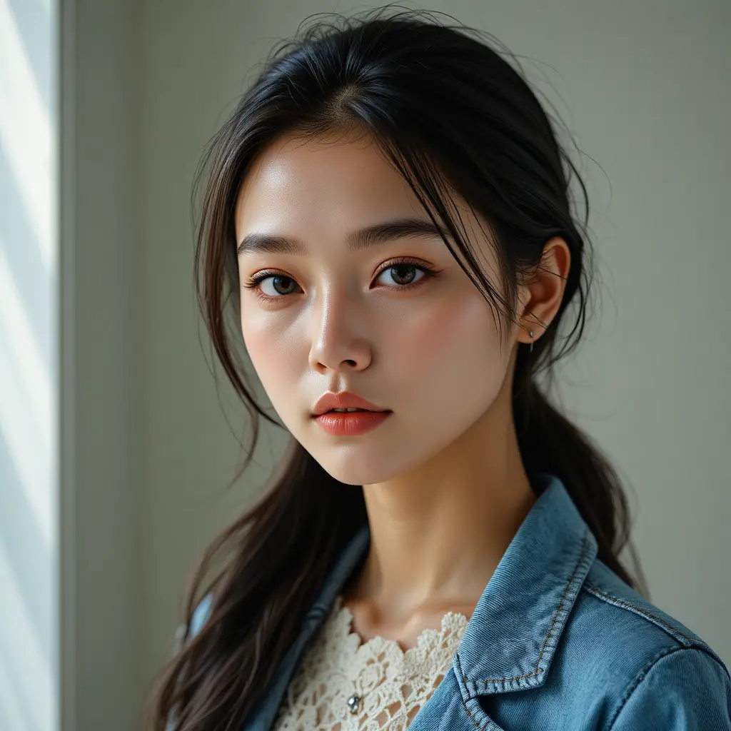 Retrato de moda sereno de uma jovem asiática em renda e jeans