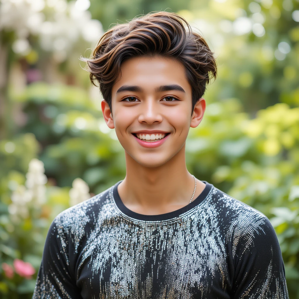 Smiling Young Man In Garden Wearing Glitter T Shirt