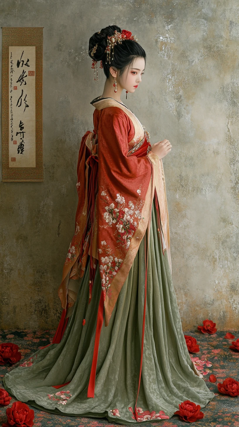 Woman in red East Asian robe before calligraphy wall