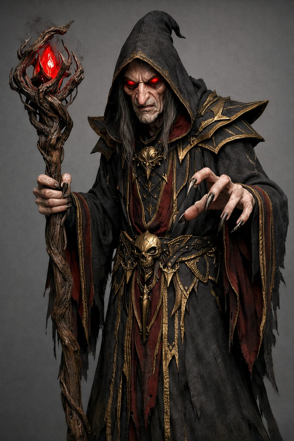 Menacing 3D fantasy wizard with claws and staff