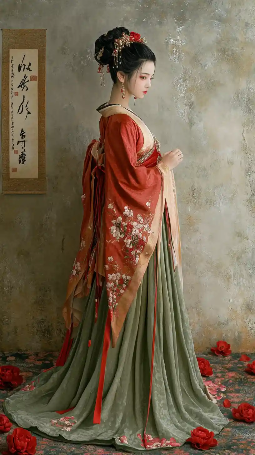 Woman in red East Asian robe before calligraphy wall