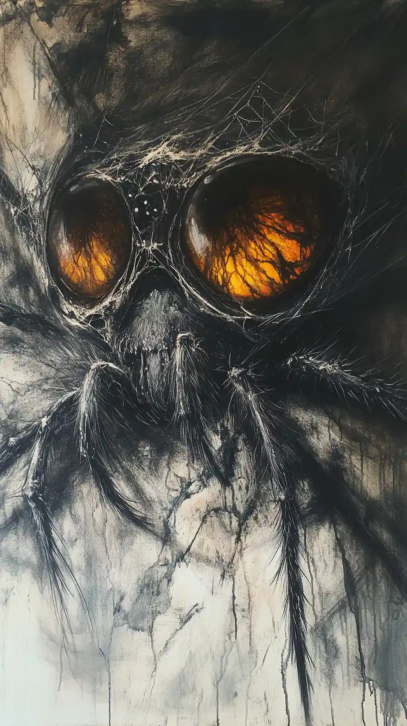 Rosto de aranha abstrato com grandes olhos reflexivos e misteriosos