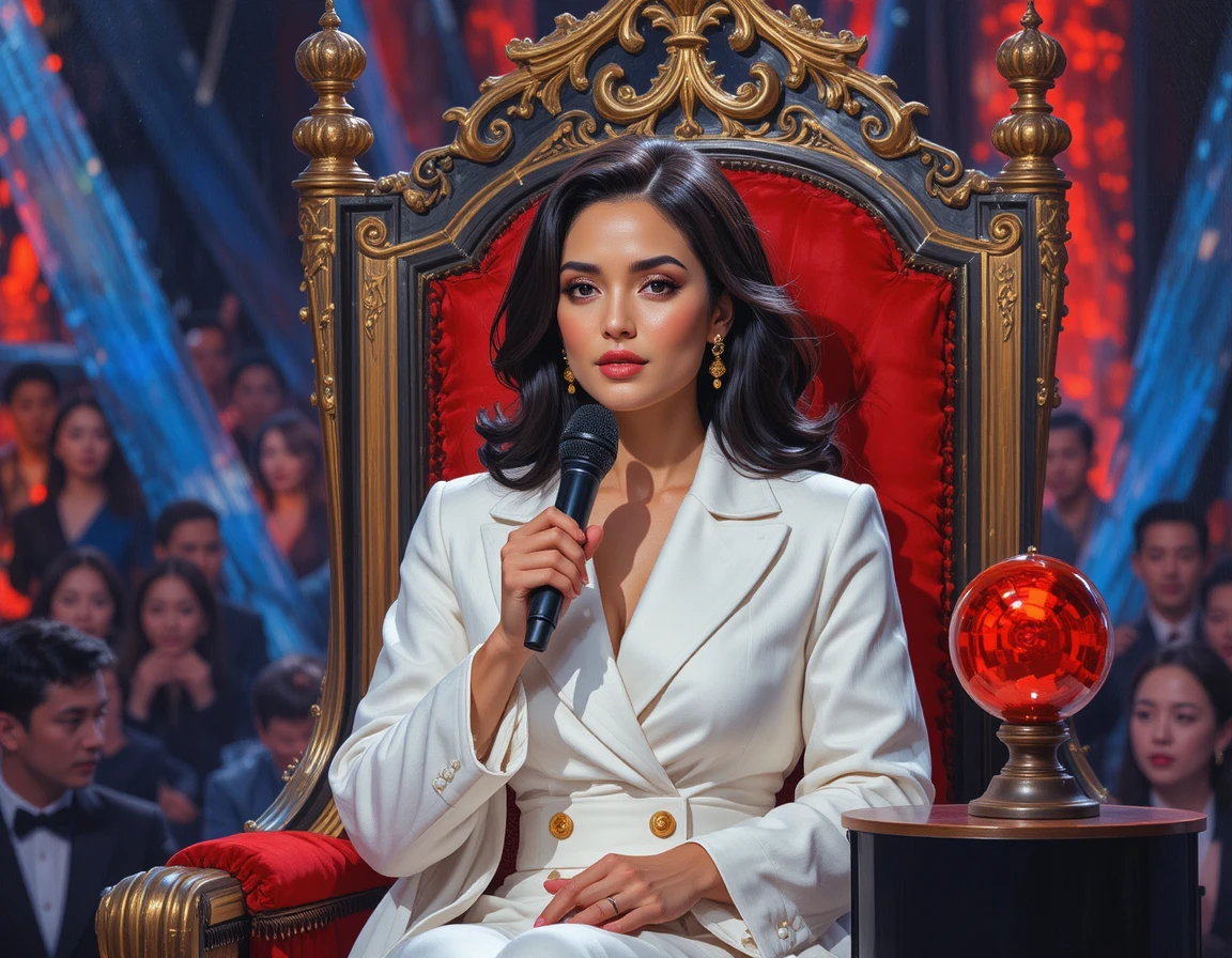 Mujer con abrigo blanco en trono rojo en estudio de TV