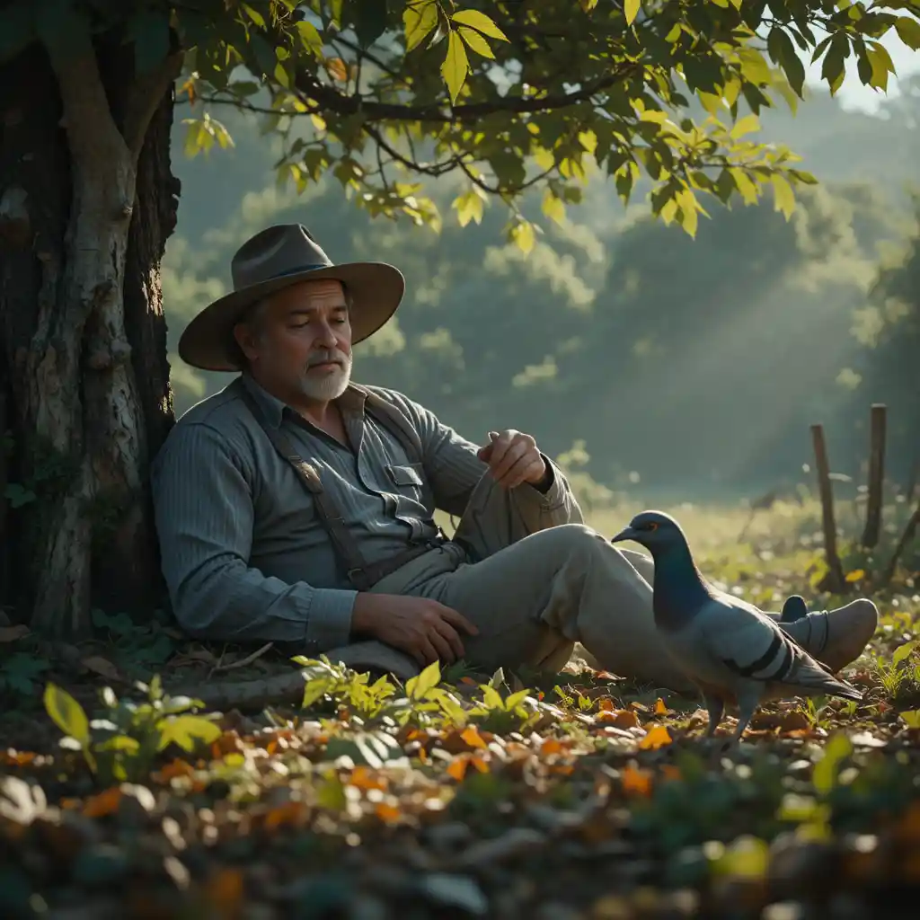 Contadino che riposa sotto un albero in una luce cinematografica drammatica