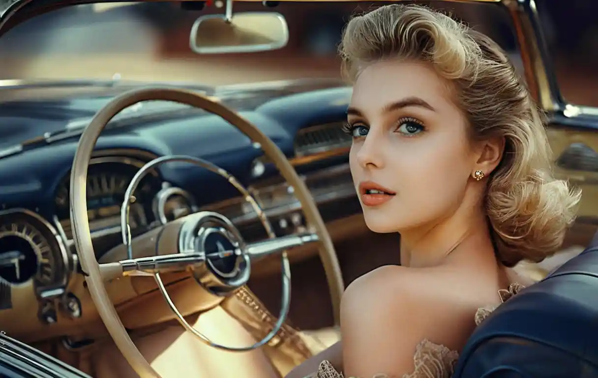 Elegant 1950s woman in the backseat of a classic car