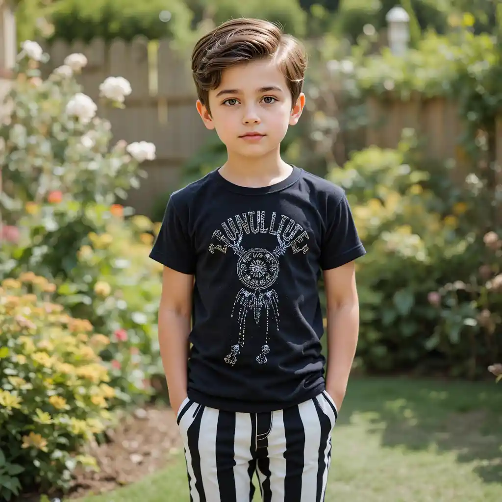 Niño de cabello castaño en un jardín tranquilo
