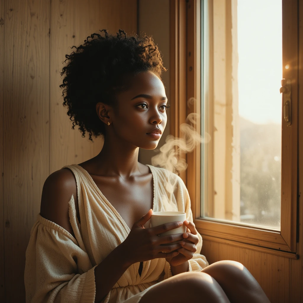 Junge afrikanische Frau am sonnenbeschienenen Fenster mit Kaffee