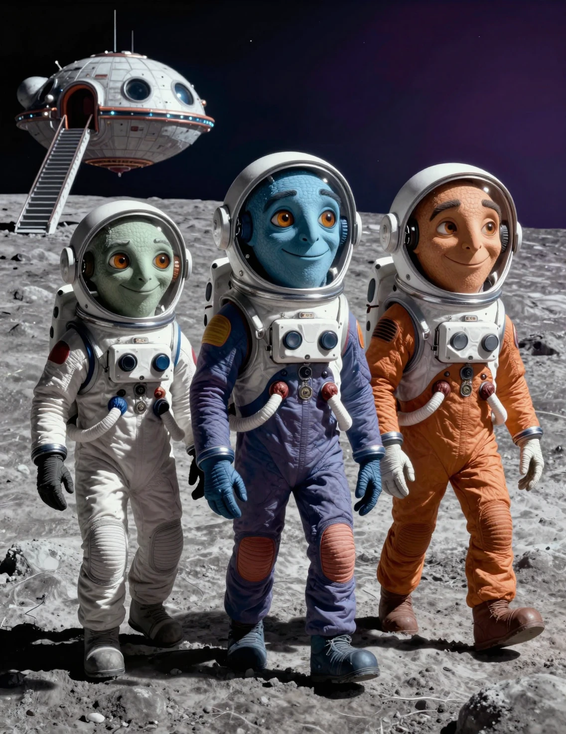 穿著卡通太空衣在月球上行走的繽紛外星人