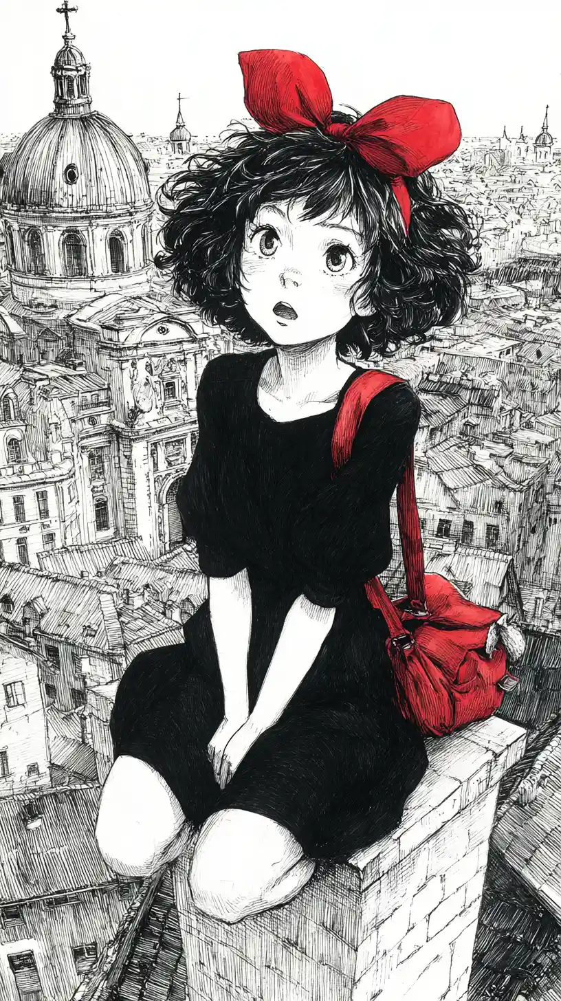 ヨーロッパの街の高い屋上にいるアニメ少女