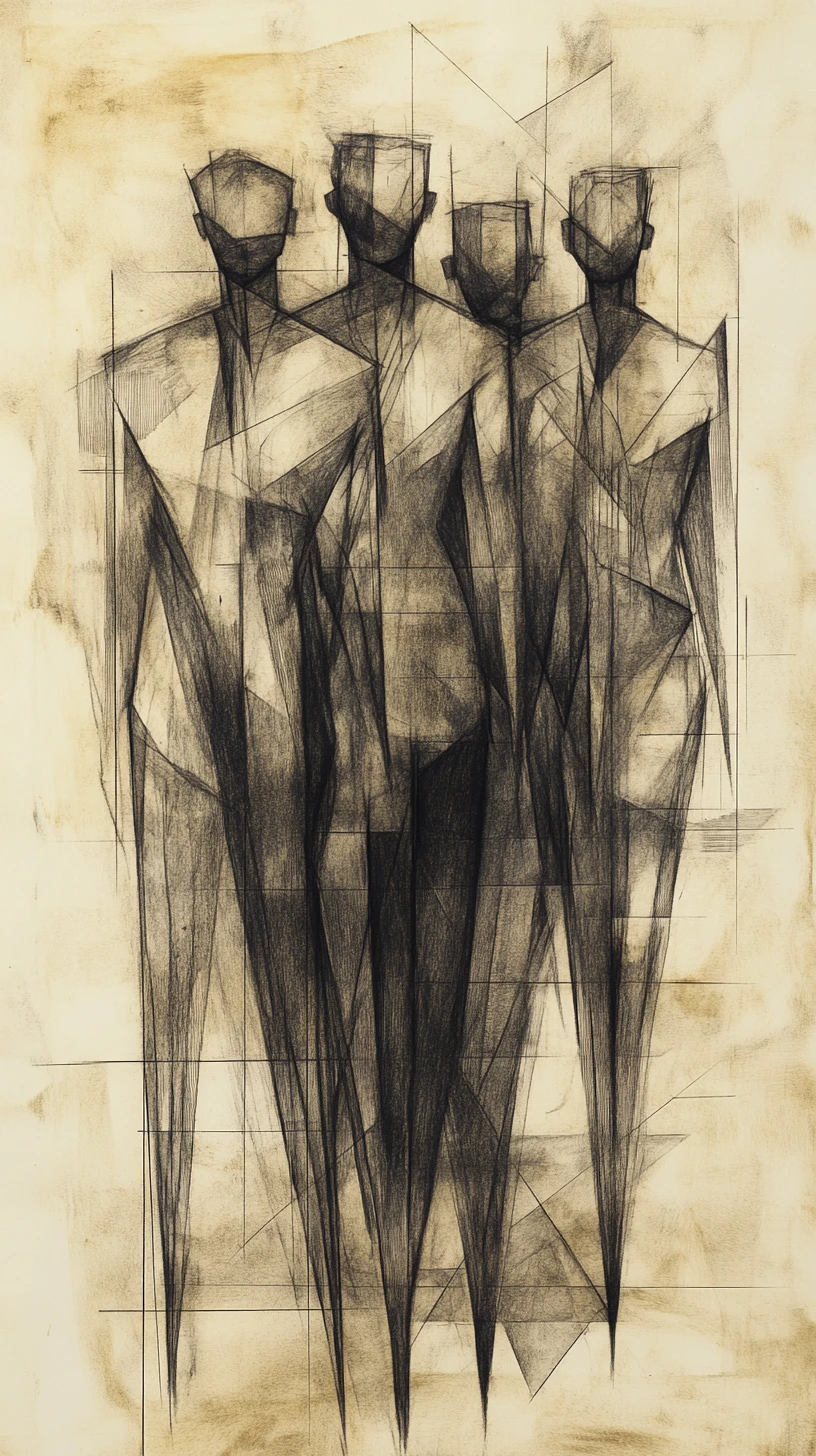 Figures cubistes en graphite marchant à travers une architecture urbaine abstraite