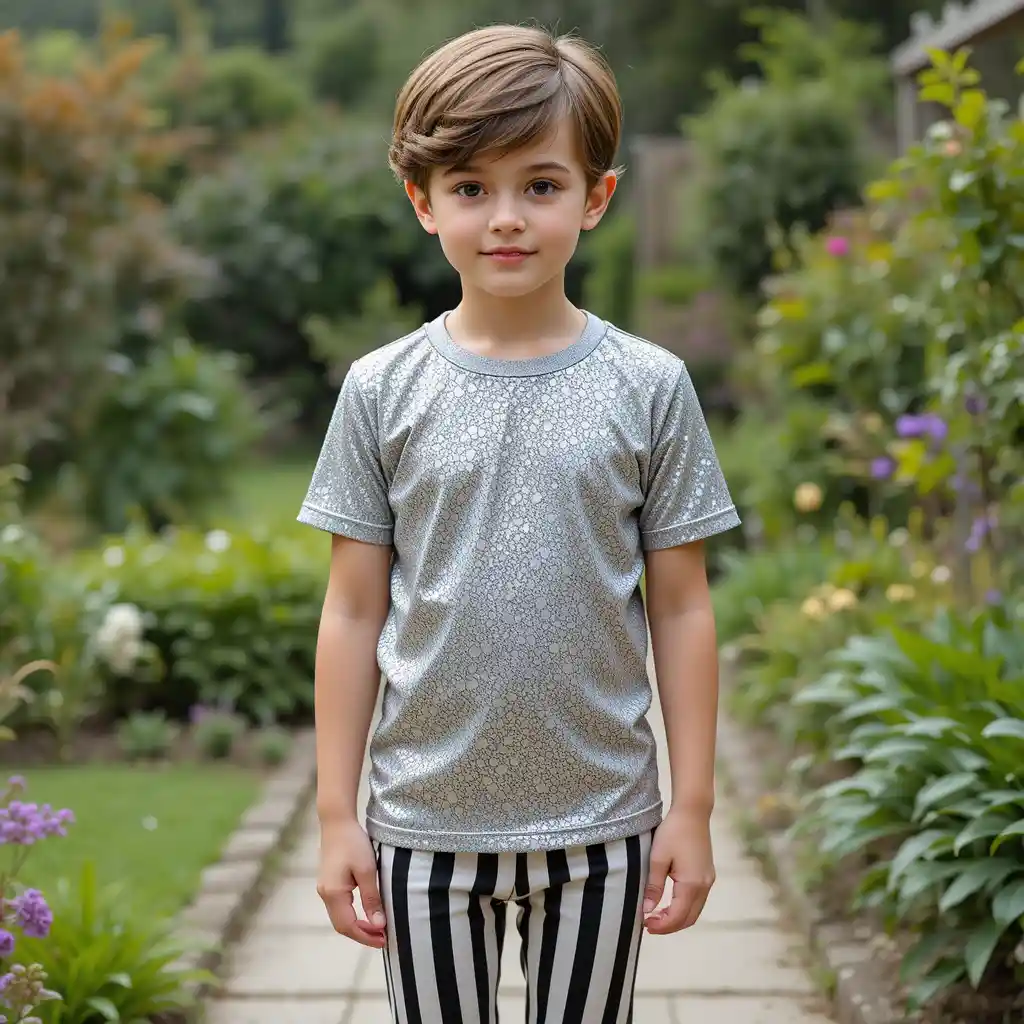 Menino de calça listrada em pé em um jardim