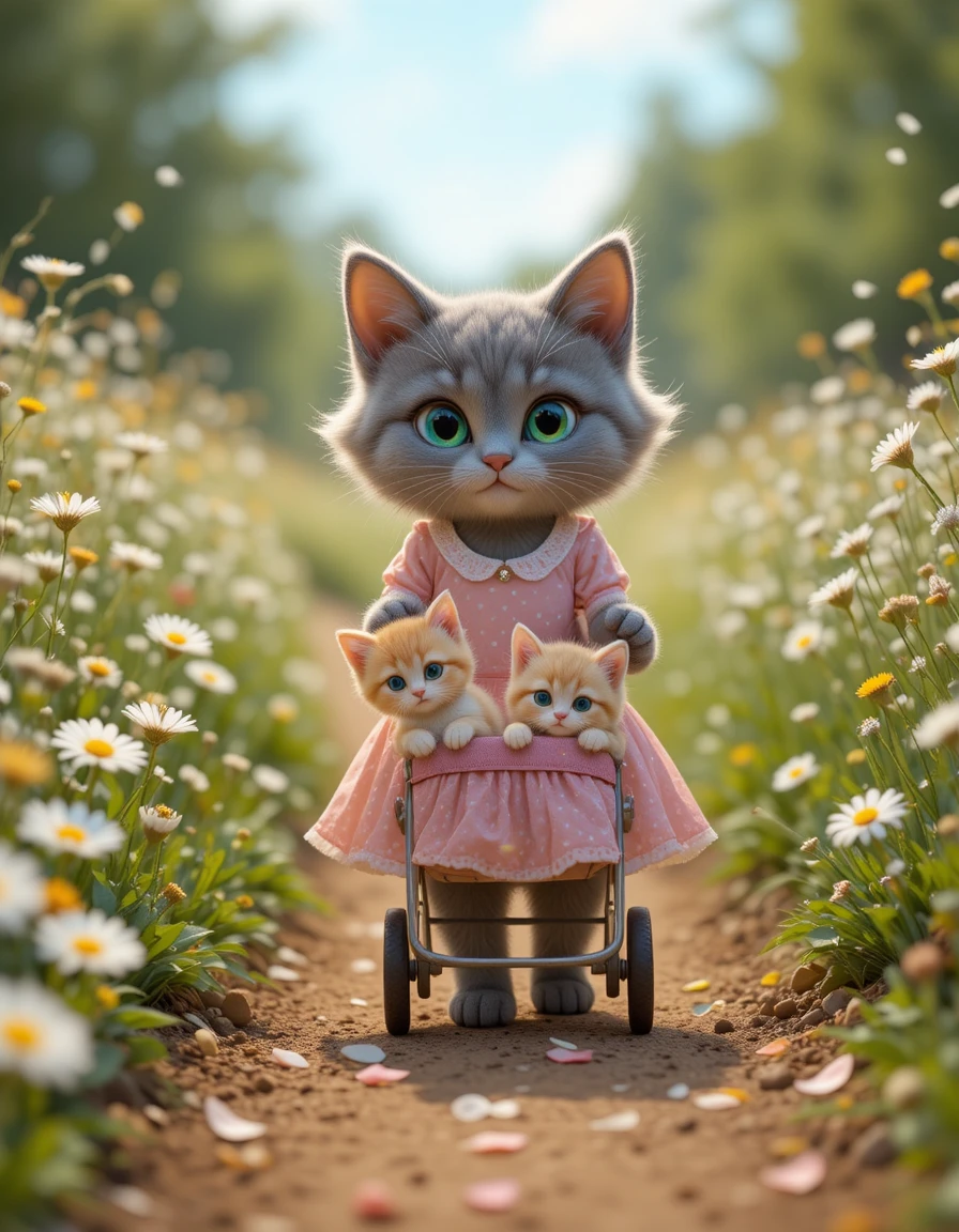Gato de vestido rosa empurrando carrinho em caminho florido