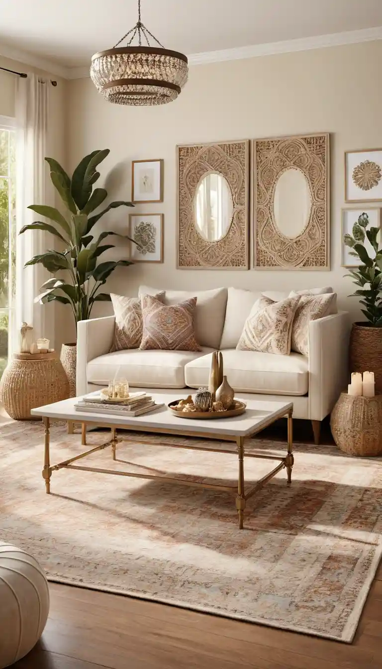 Soggiorno boho con dettagli decorativi in beige cremoso