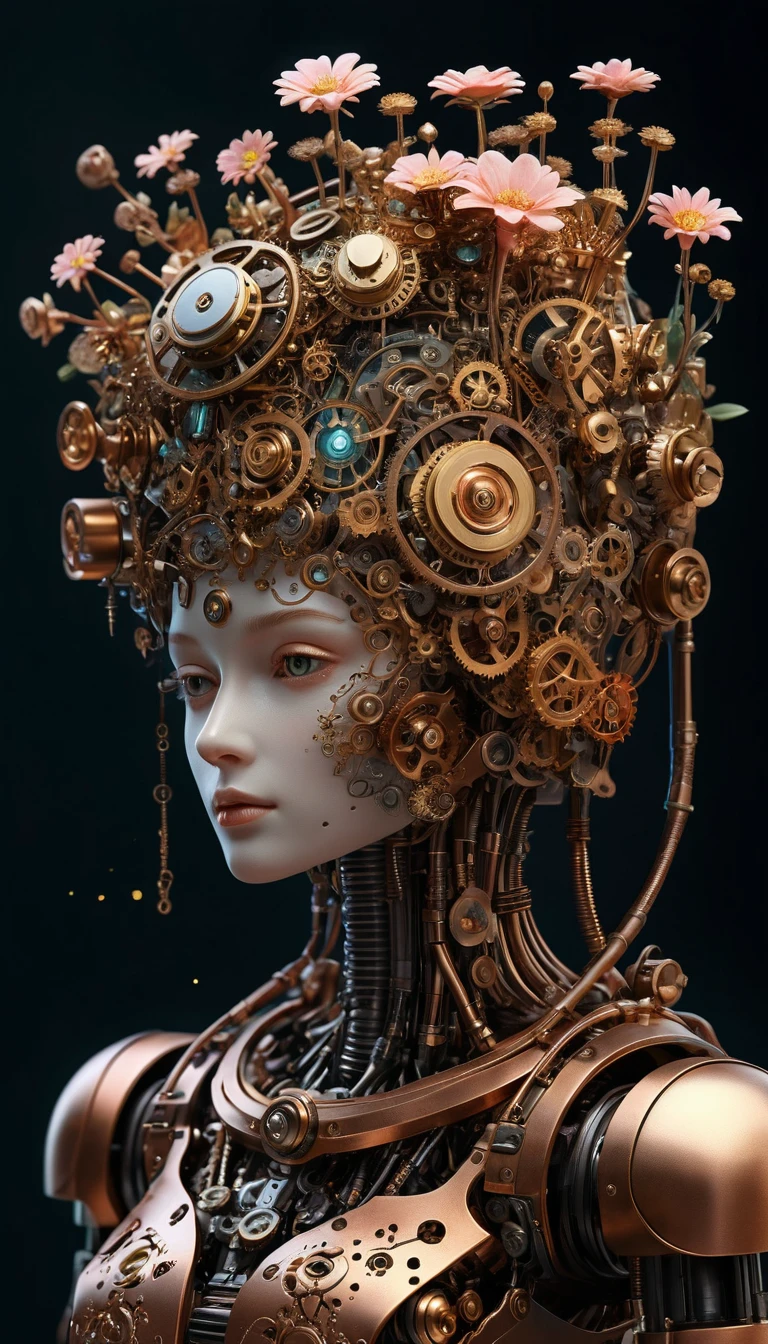 Steampunk robot head with blooming mechanical clockwork garden
