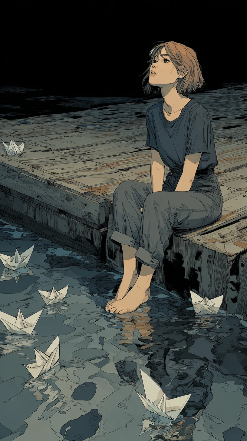 Young woman on wooden pier gazing over dark rippling water