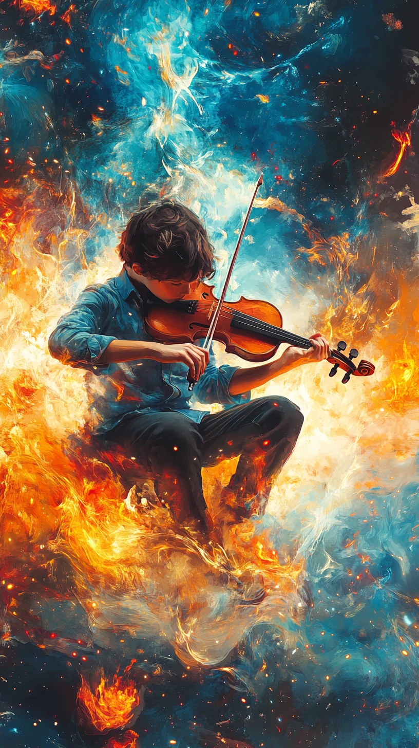 Jovem violinista entre água turbilhonante e energia em chamas