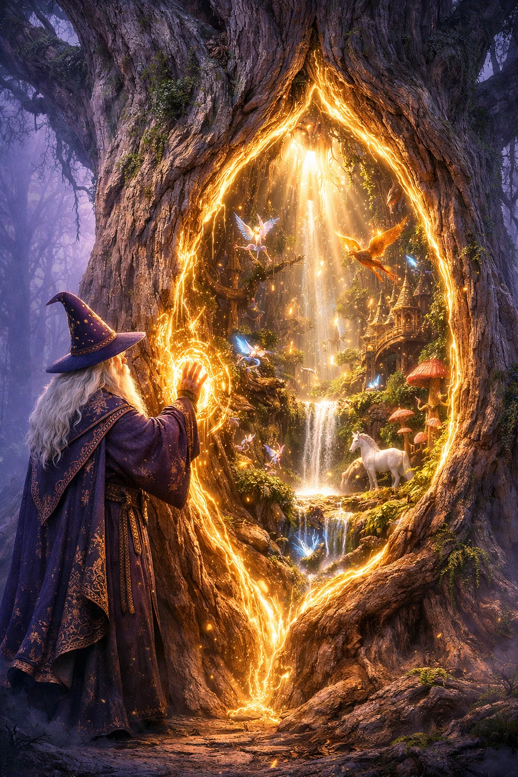 Velho mago abrindo um portal em uma floresta encantada