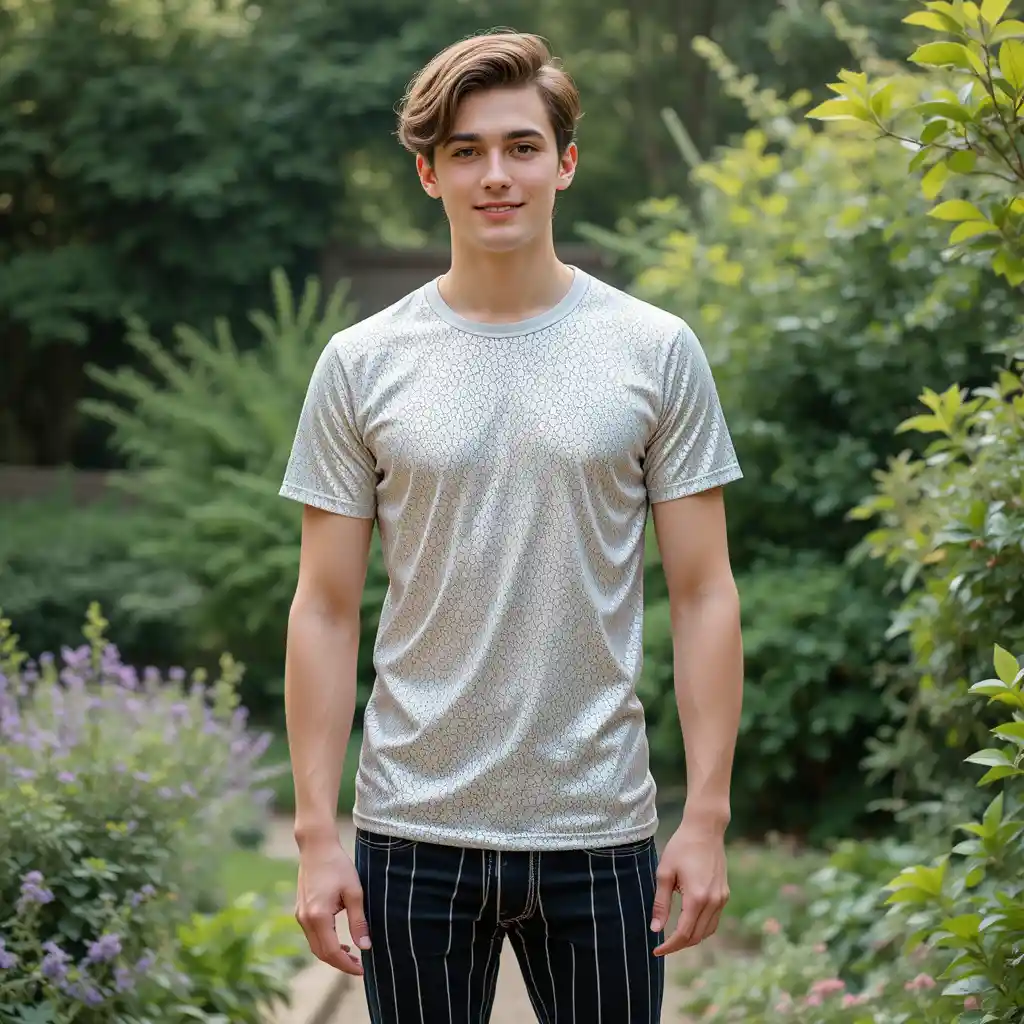 Young man in striped jeans standing in a garden