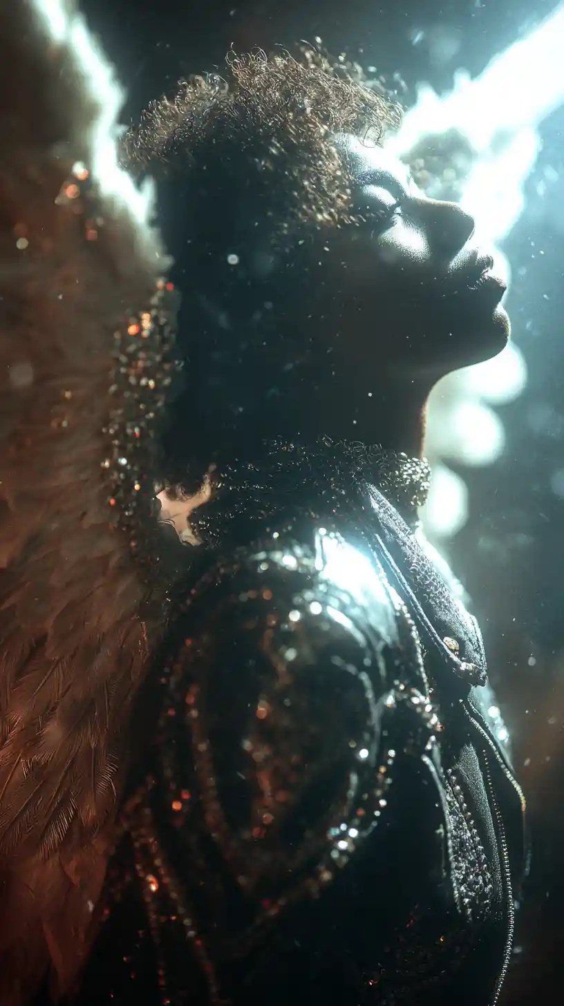 Anjo sombrio afrofuturista emergindo de sombras cósmicas iluminadas por estrelas