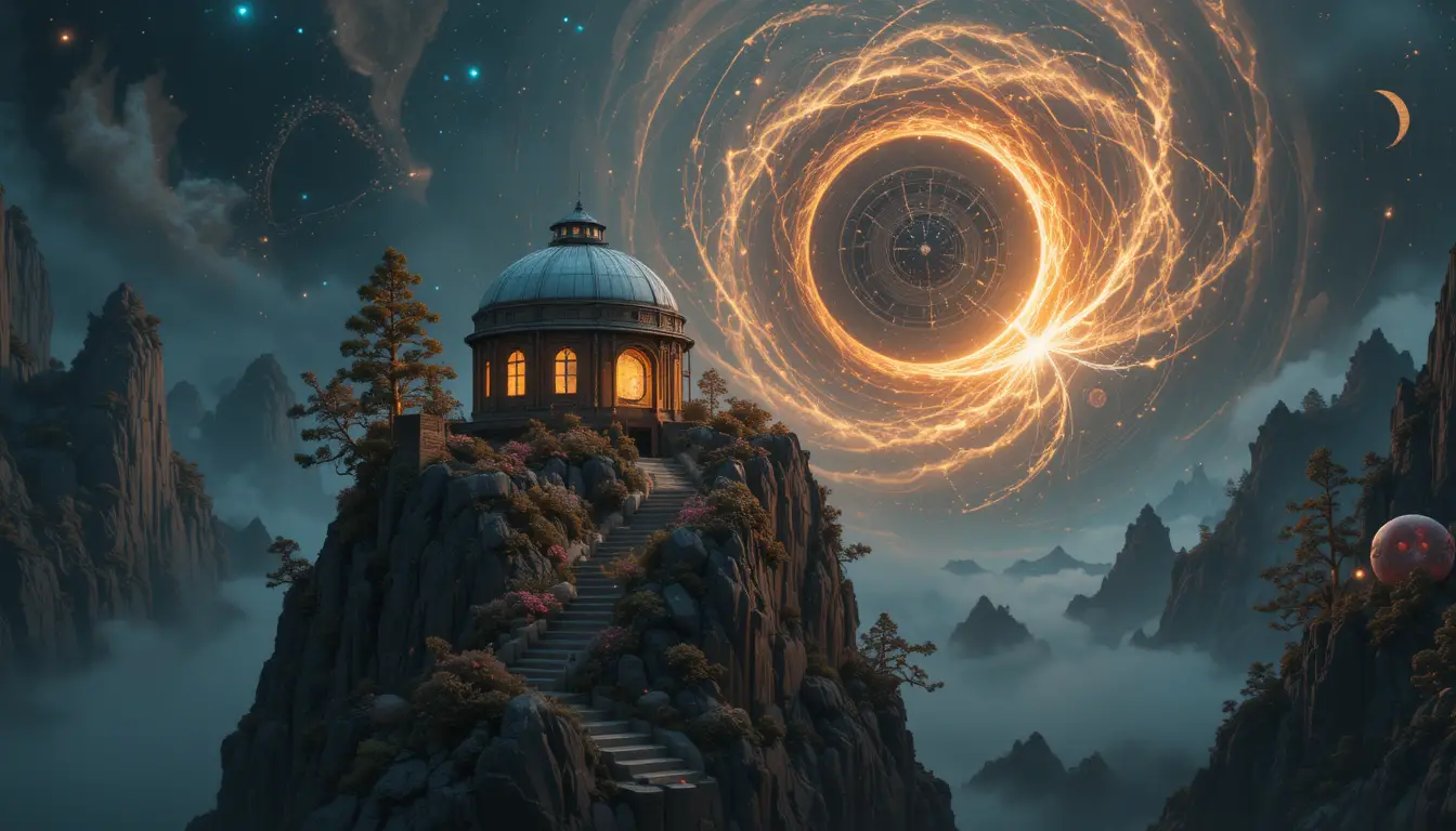 Surreale Sonne und Mond rahmen eine mystische Bergsternwarte ein
