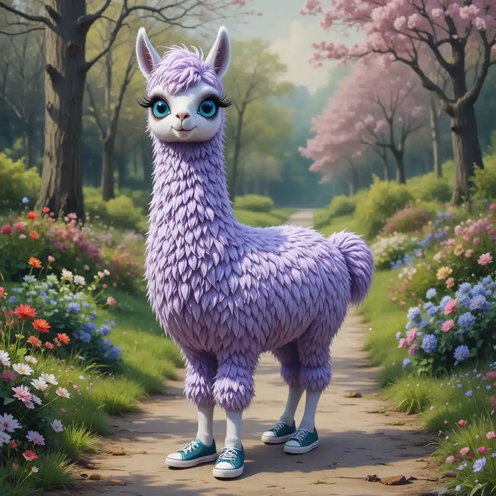 Buffo lama color lavanda con sneakers su un sentiero primaverile