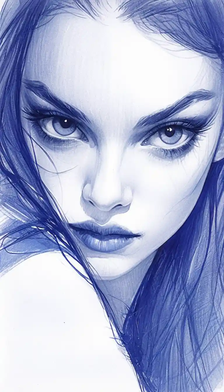 Retrato em esboço de caneta esferográfica azul de uma jovem