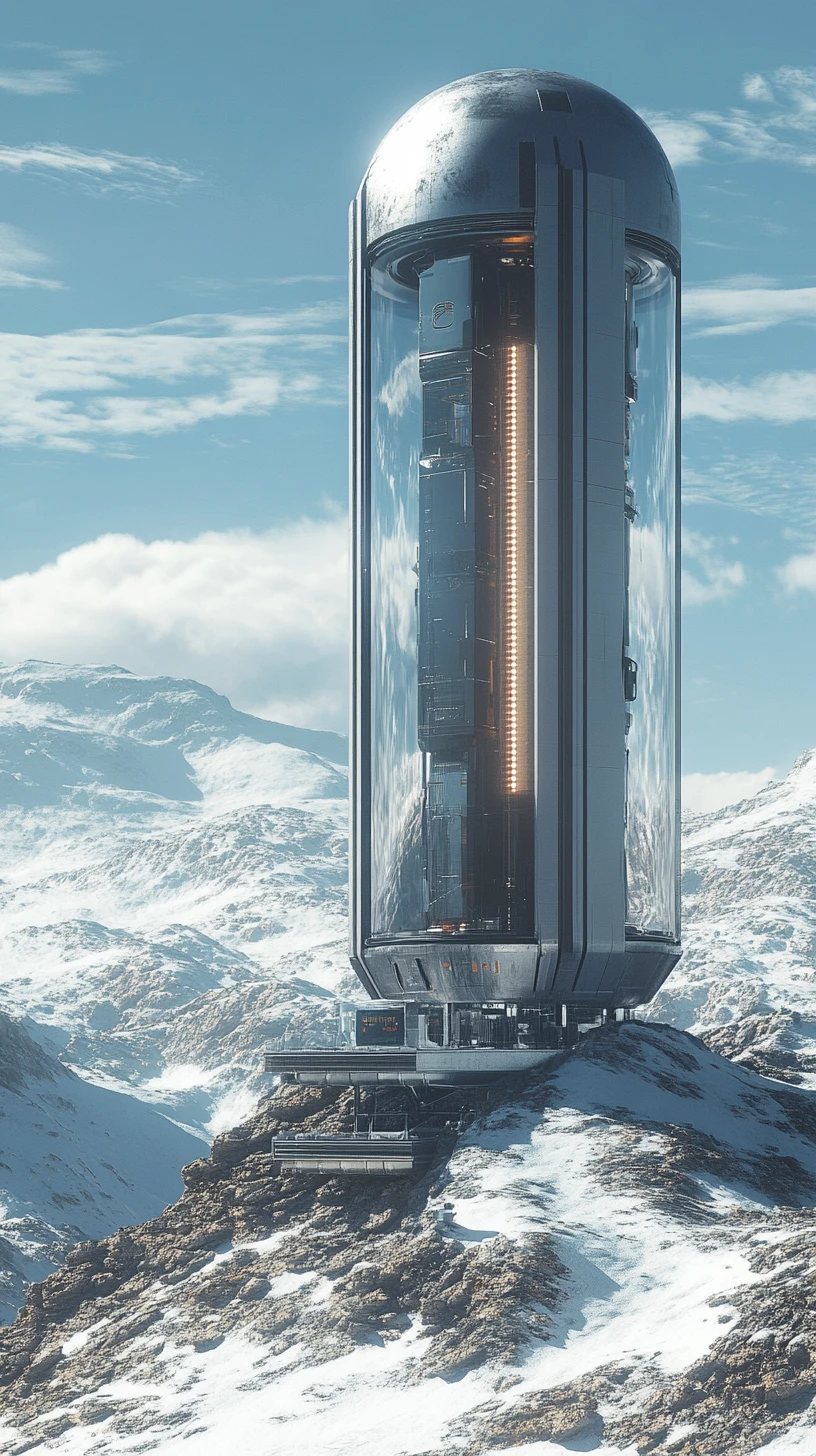 Futuristische Bergarchitektur mit außenliegendem Kapselaufzug
