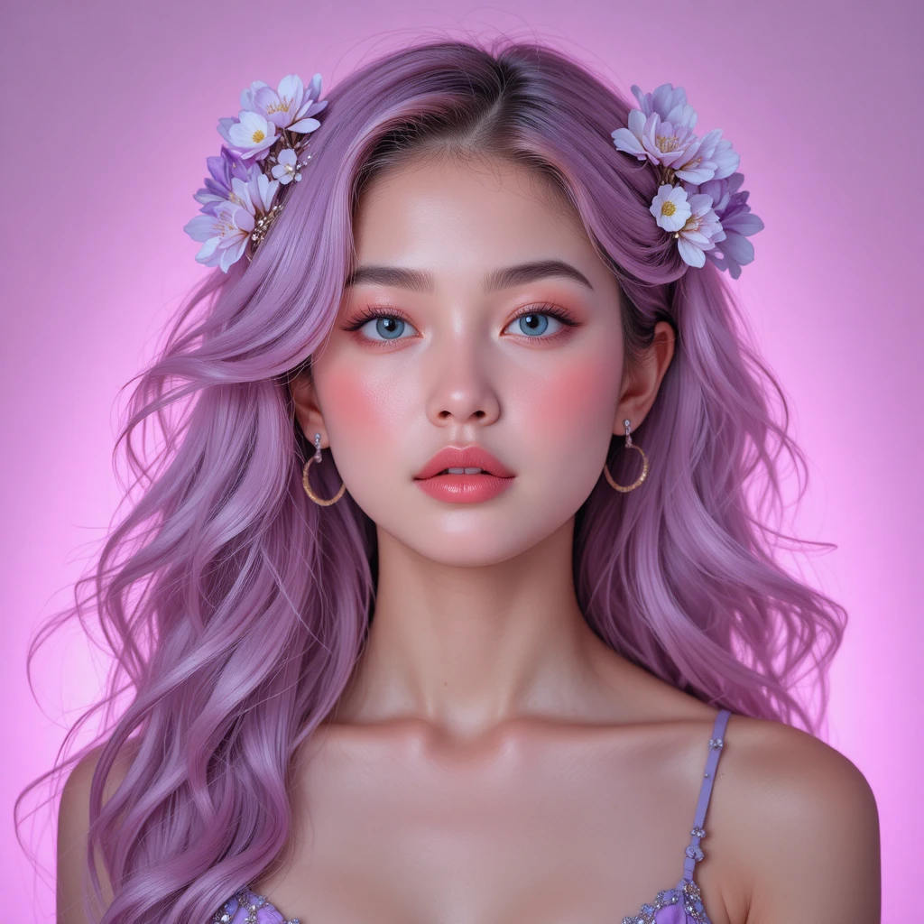 Porträt einer Frau mit pinken Haaren, floralen Akzenten und weichem Licht