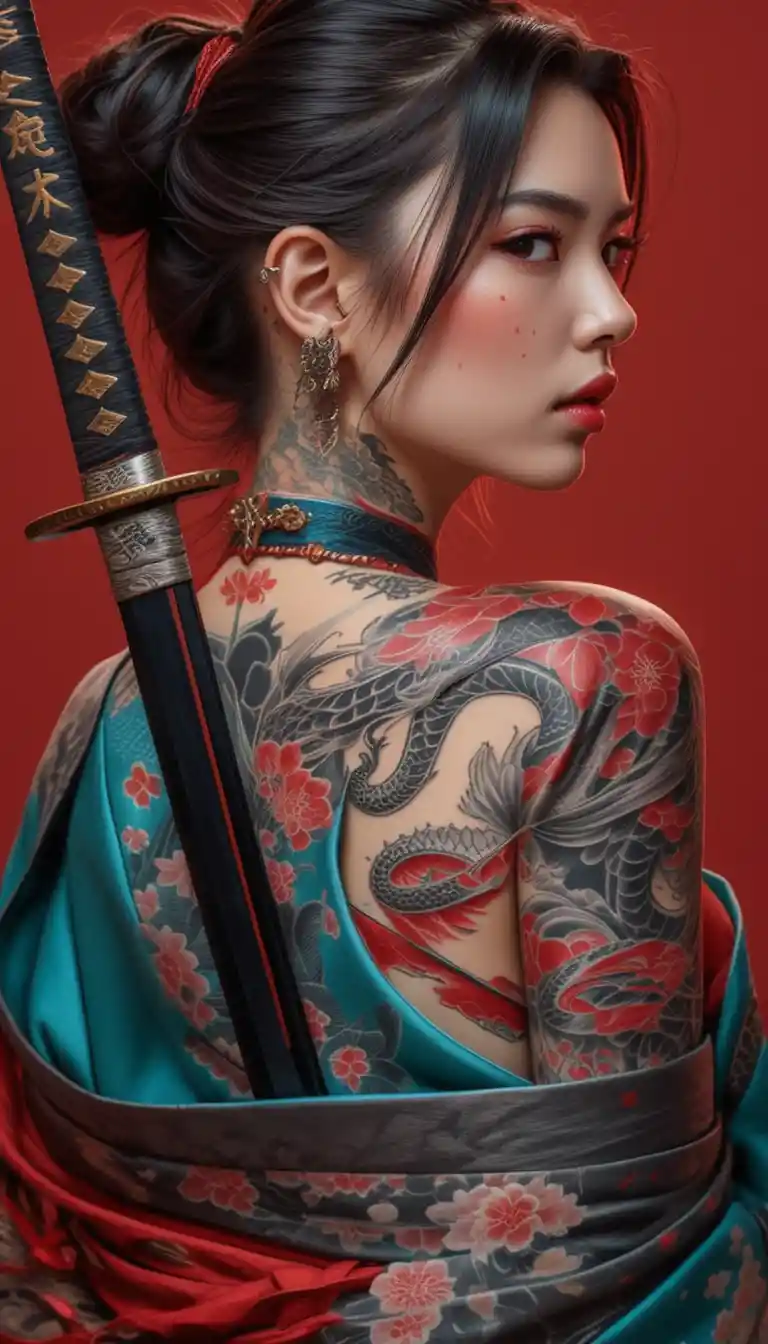 Tattooed woman in kimono holding katana on red background