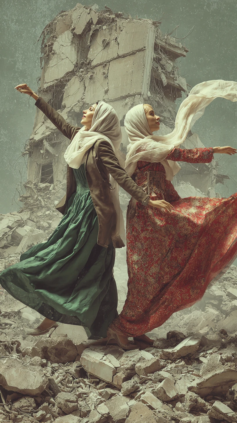 Two women stand with hope in a destroyed post apocalyptic city