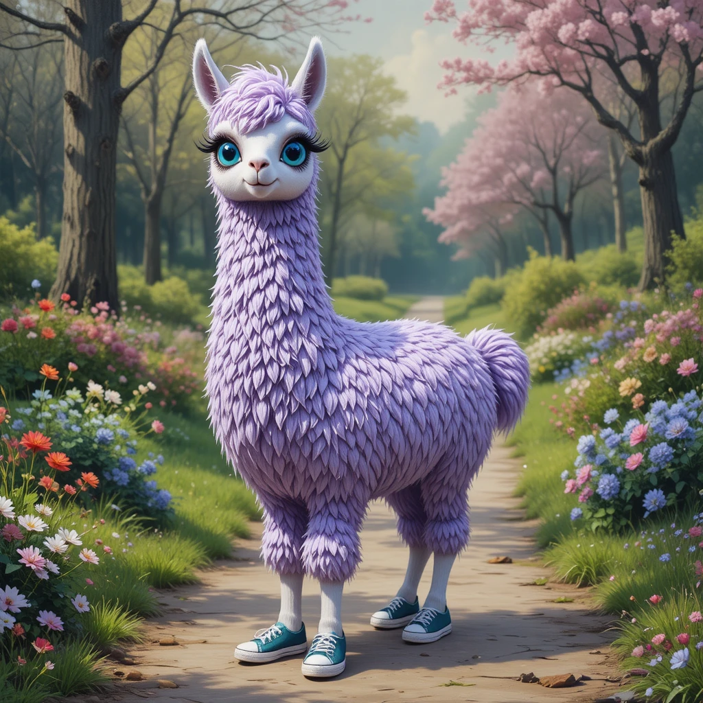 Buffo lama color lavanda con sneakers su un sentiero primaverile